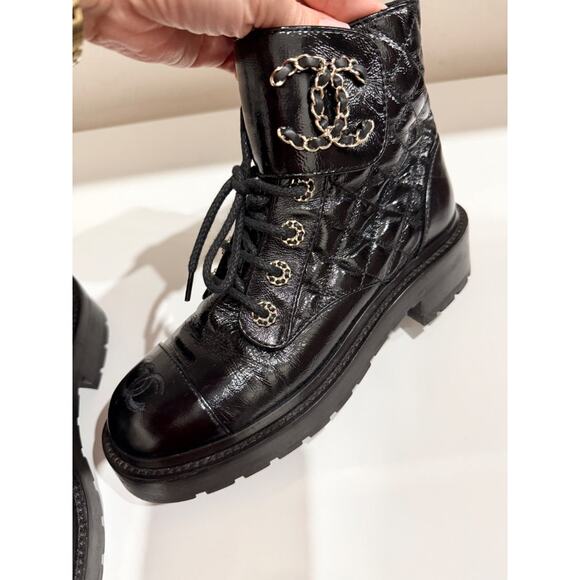 CHANEL Shiny Calfskin Quilted Lace Up Combat Boots with Metal Logo Black EU 37 - Picture 9 of 9